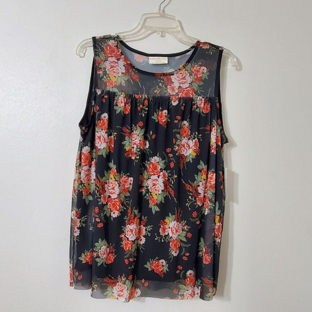 Bobbie Brooks Womens Sz Large Sleeveless Sheer Yoke Lined Top Black Floral